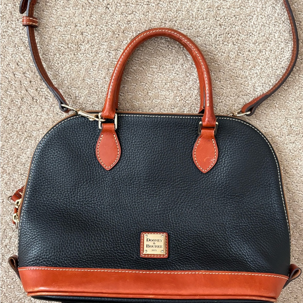 Dooney and Burke Pebble Grain Zip Zip Satchel. Black w/ brown leather accents. - Picture 2 of 7